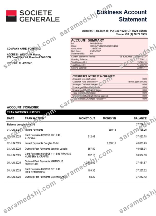 Société Générale business account statement Word and PDF template